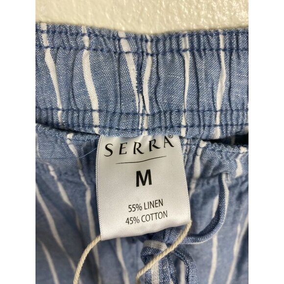 Serra Linen Blend Stripe Blue Womens Pants size Medium Lagenlook Pull on Elastic - Picture 3 of 13